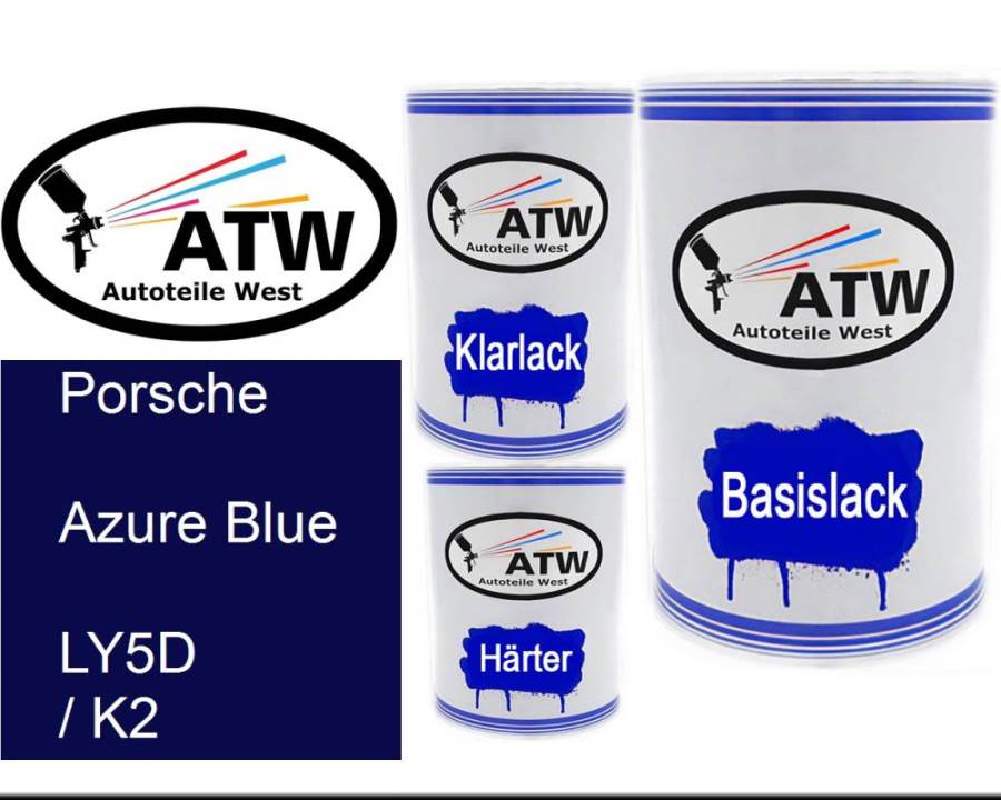 Porsche, Azure Blue, LY5D / K2: 500ml Lackdose + 500ml Klarlack + 250ml Härter - Set, von ATW Autoteile West.